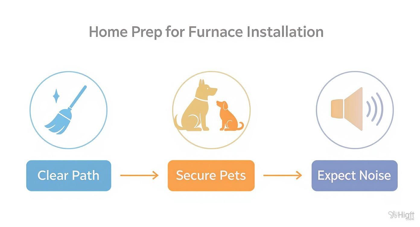 Infographic detailing home preparation steps for a furnace installation, including clearing a path, securing pets, and expecting noise.