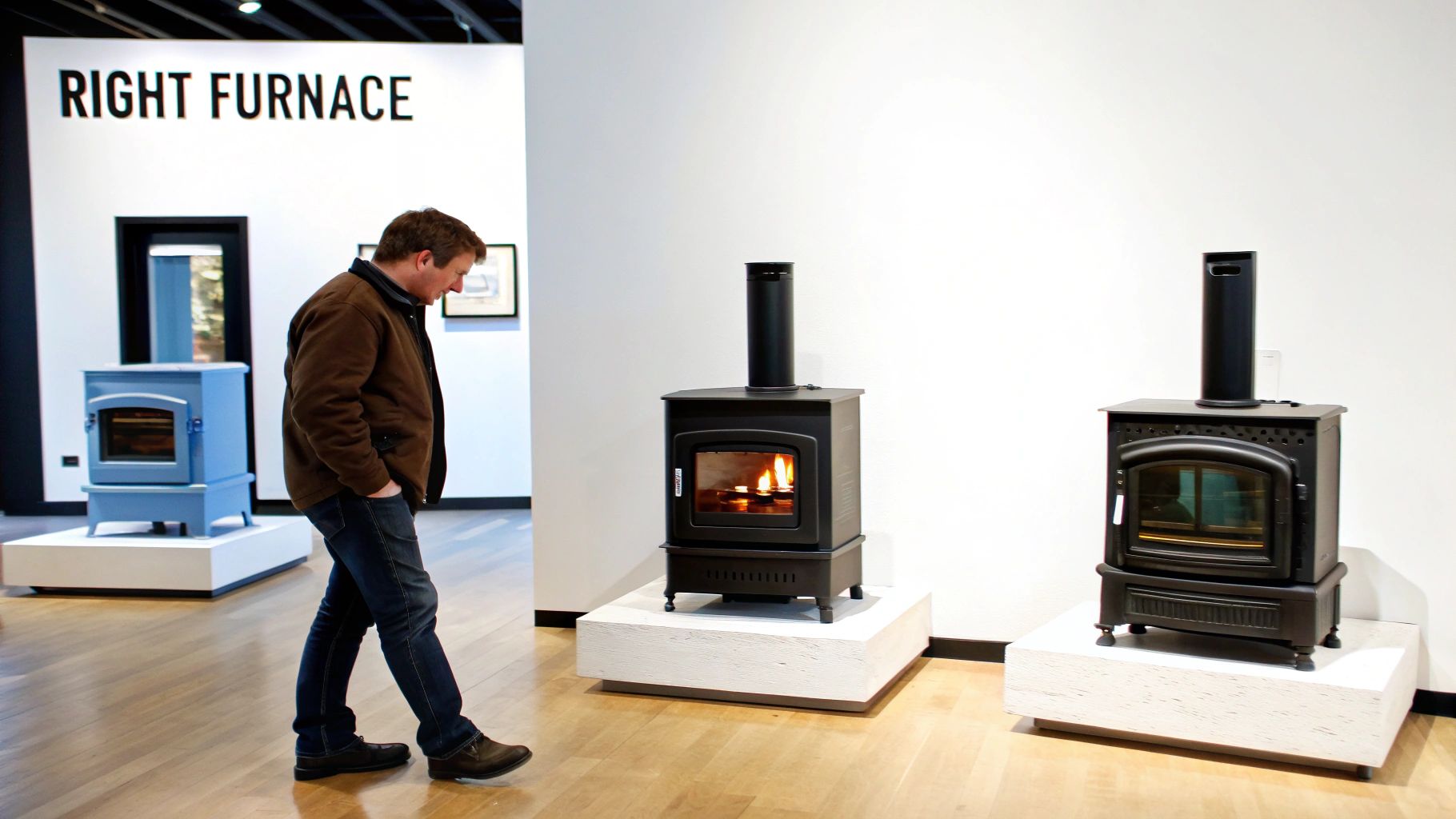 A professional HVAC technician explaining the features of a new furnace to a homeowner in a well-lit basement.