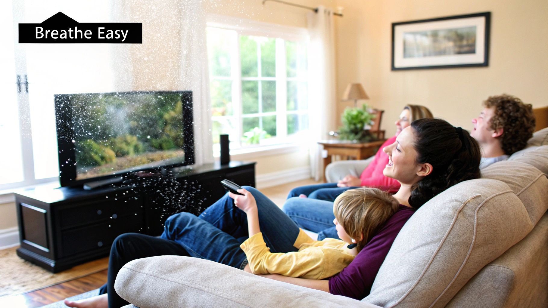 A mother and child playing together in a bright, clean living room, symbolizing a healthy home environment.