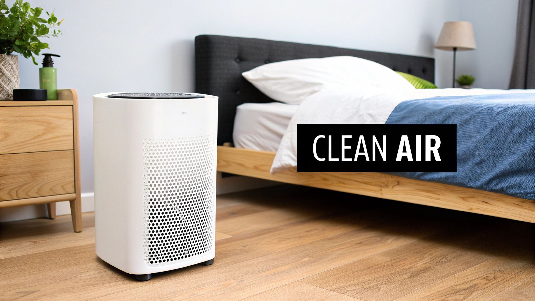 A modern white air purifier stands in a bright bedroom, emphasizing clean air for healthy living.