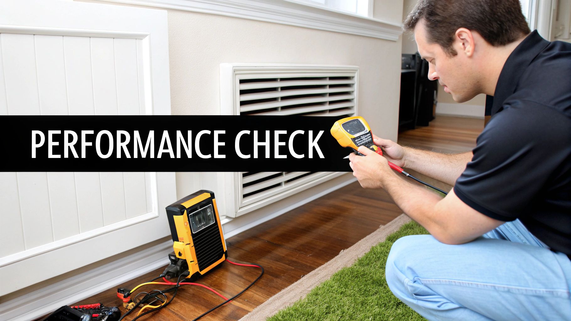 A professional HVAC technician using a digital manometer to test the airflow from a ceiling vent after an installation of ductwork.