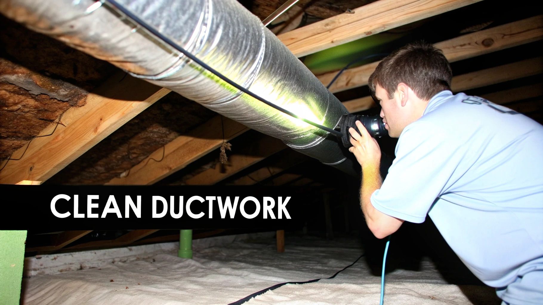 A man using a flashlight to inspect metal ductwork in a dark crawl space, focusing on cleanliness.