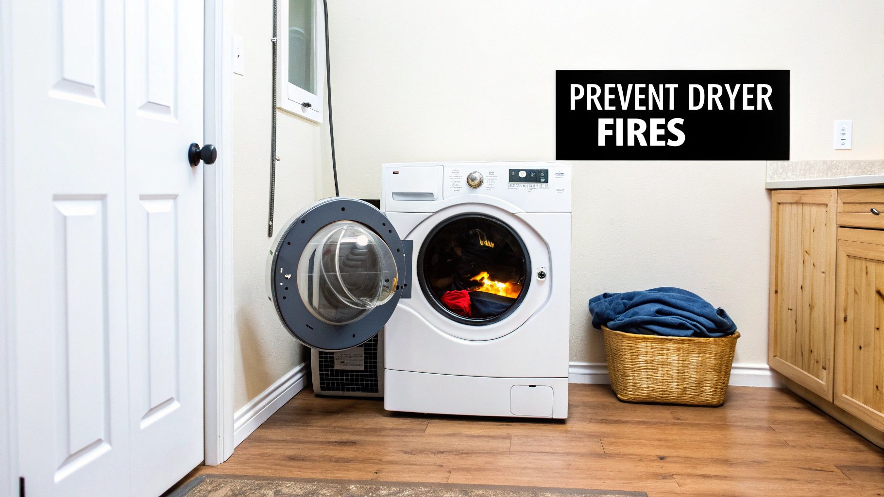 How to Clean Dryer Vent: A Guide for Canadian Homeowners 1 A dryer with its door open reveals clothes on fire inside, with a laundry basket nearby. A sign warns 'PREVENT DRYER FIRES'.