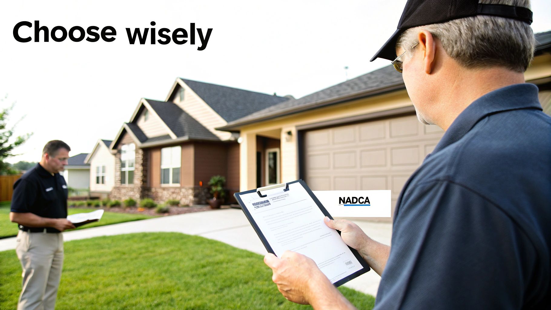 A certified technician inspects a home's air duct system with a flashlight.