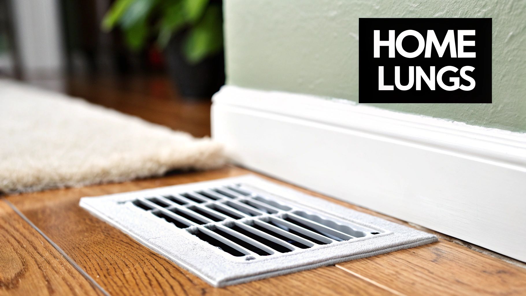 A close-up of a floor air vent with a filter on wooden flooring, near a wall with 'HOME LUNGS' text.