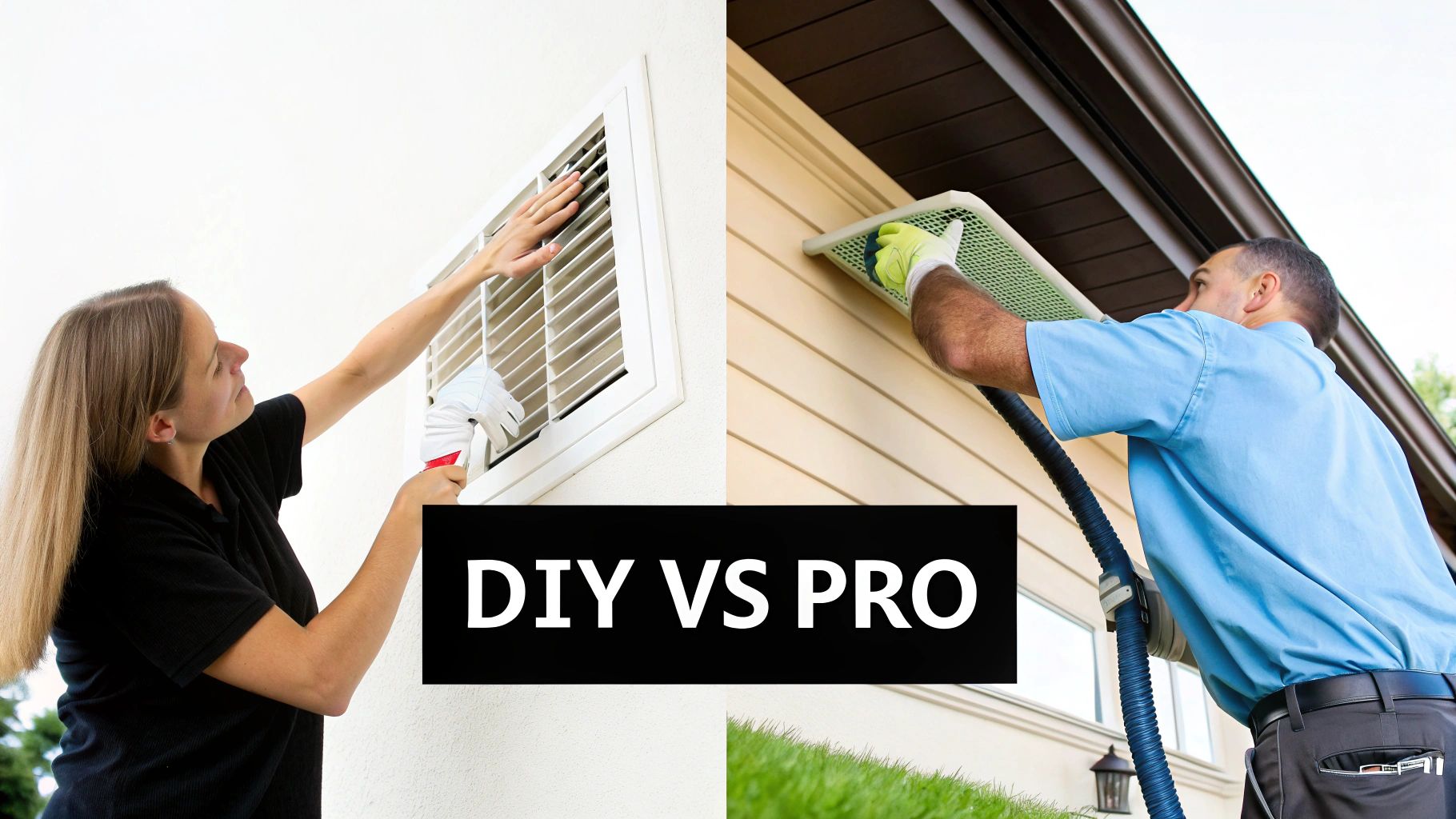 Two contrasting images show a woman DIY cleaning an indoor vent and a professional cleaning an outdoor soffit.