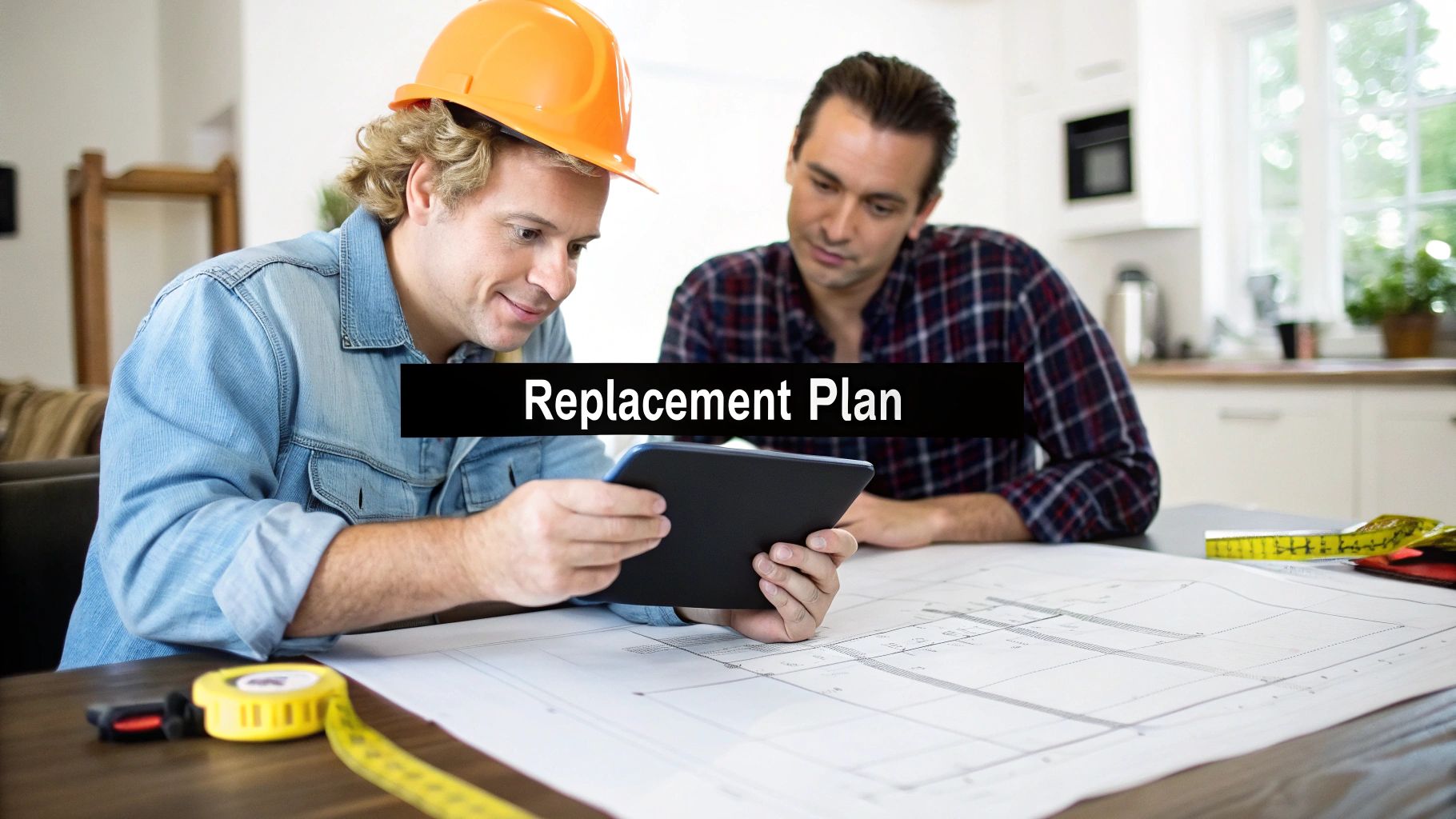 Two men, a contractor and a client, review a replacement plan on a tablet and blueprints.