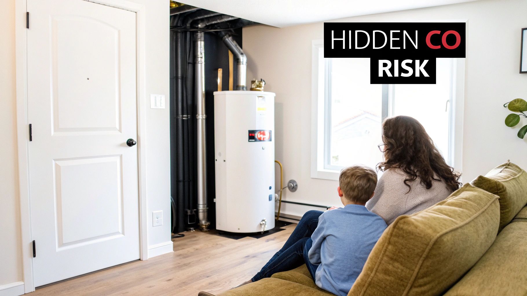 Woman and child on a couch near a water heater, highlighting a hidden carbon monoxide risk.