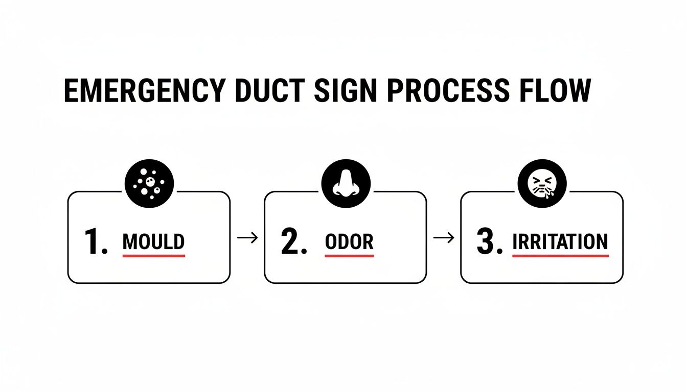 Flowchart showing emergency duct signs, starting with mould, then odor, leading to irritation.