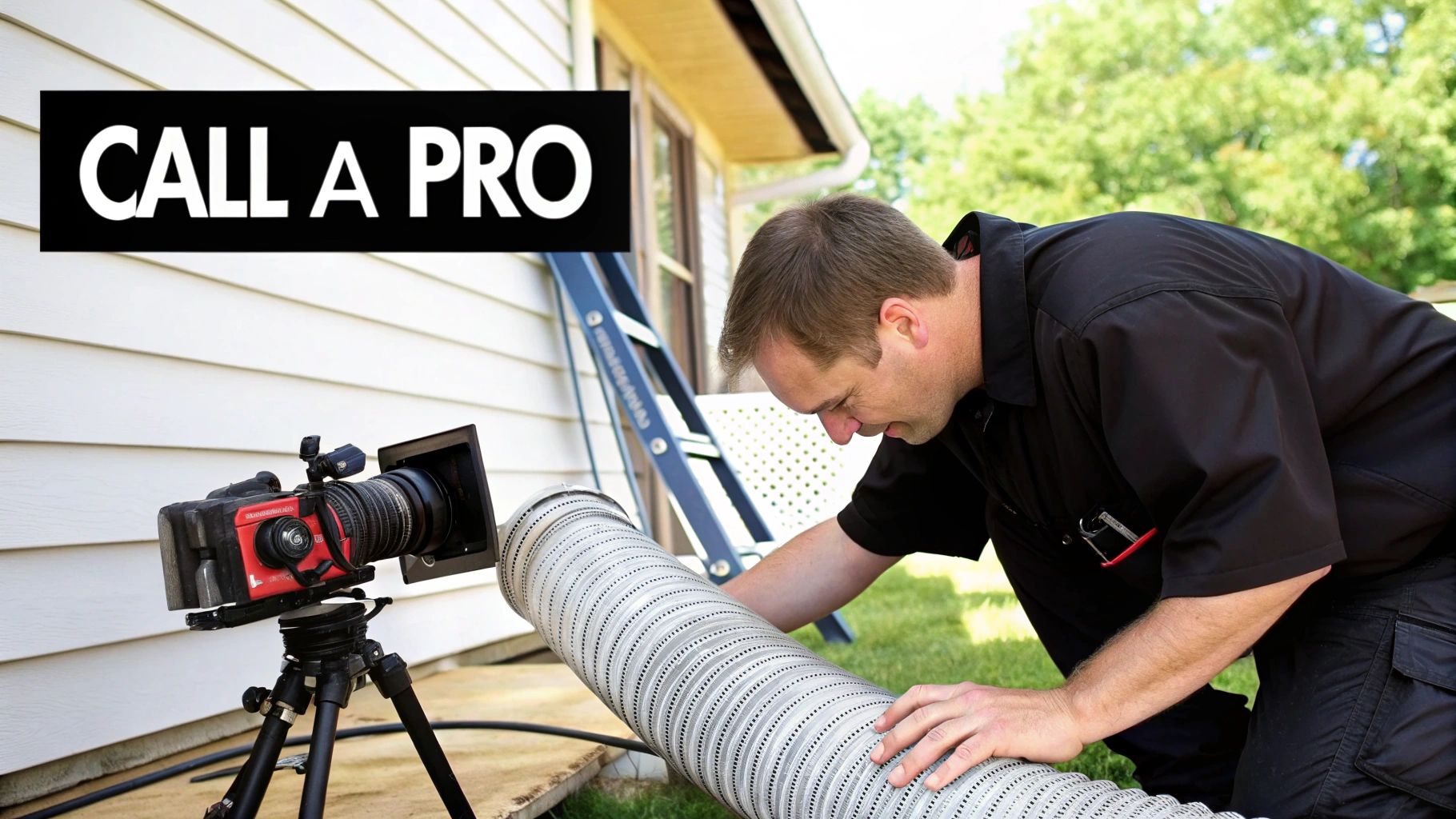 A professional technician using specialized equipment to clean a dryer duct.
