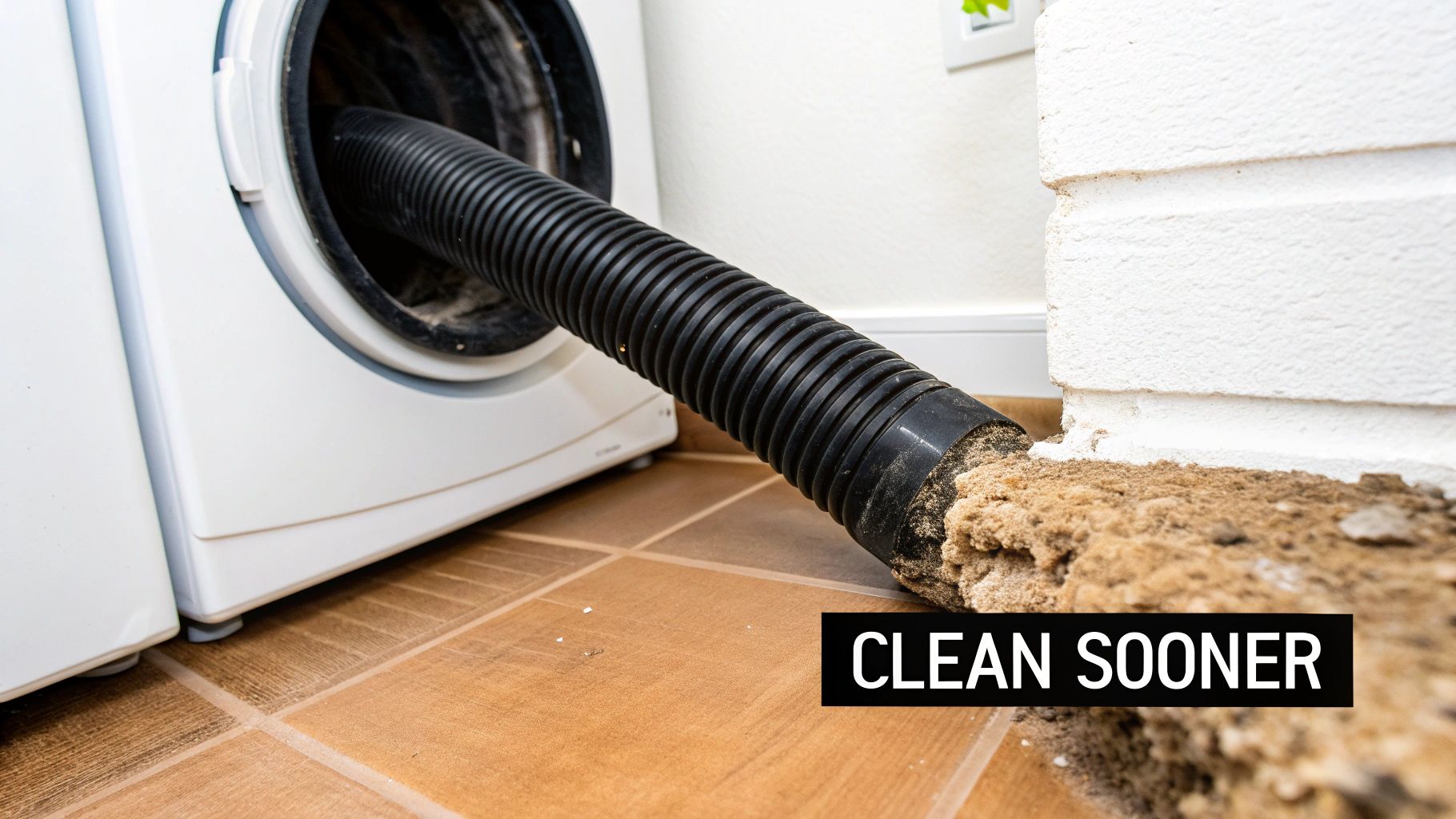 A black vacuum hose removing a massive pile of lint and debris from a dirty dryer vent.