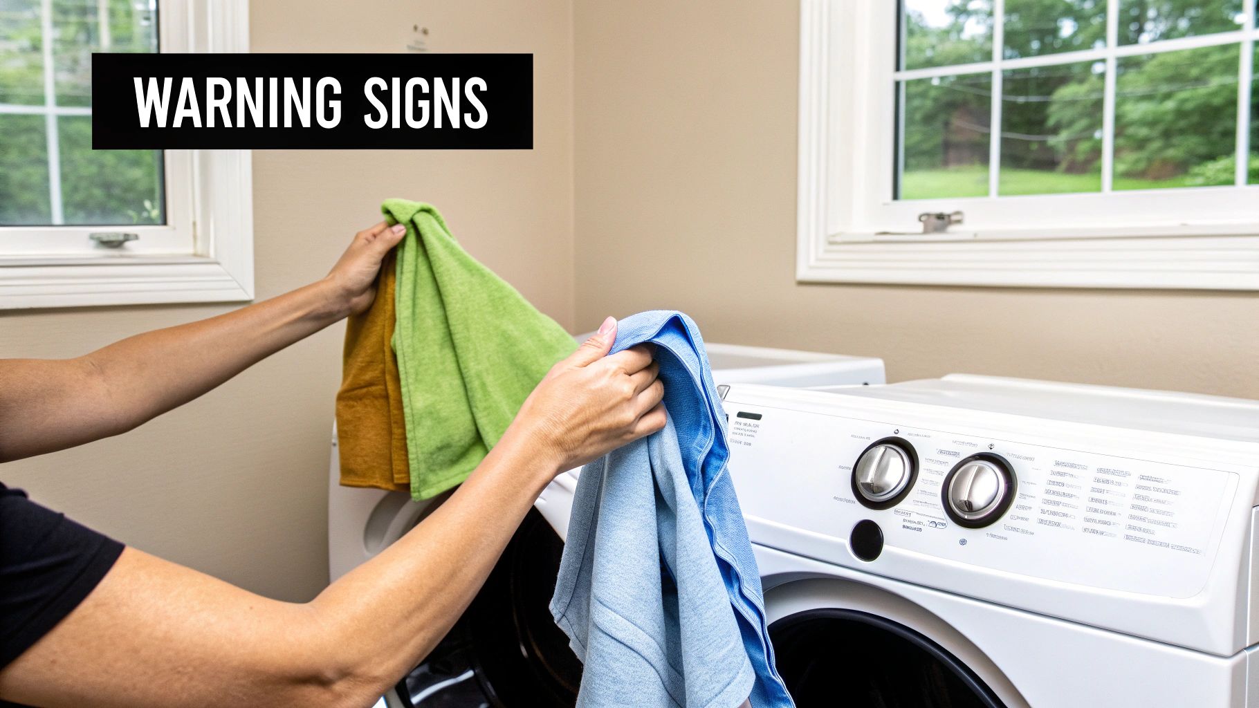 A person holds green and blue towels in a laundry room with a white washing machine.