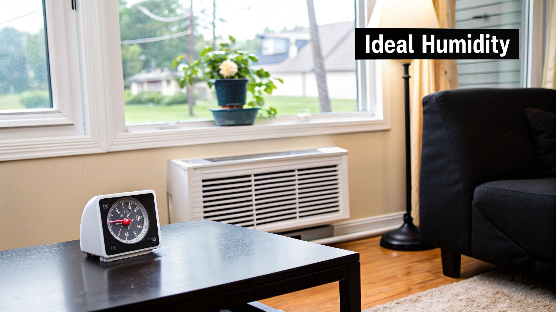 A cozy indoor scene featuring an alarm clock, a window with a plant, and an air conditioning unit.