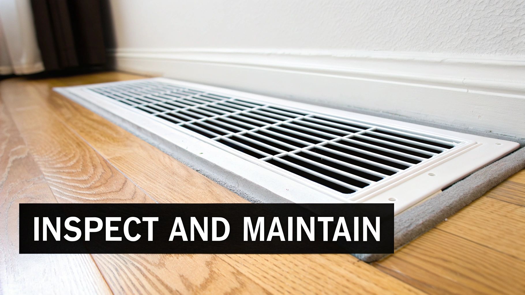 A Canadian Homeowner's Guide to Cleaning Ducts Near Me 4 A close-up of a white floor air vent on a hardwood floor next to a white wall. The text 'INSPECT AND MAINTAIN' is visible.