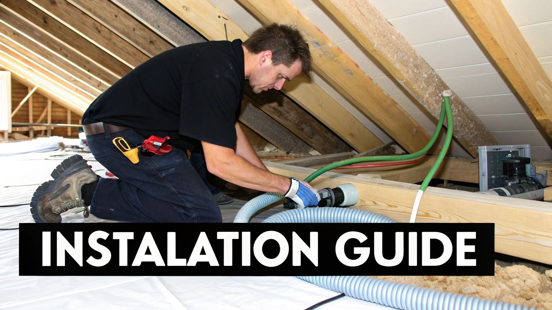 Man in attic installing a central vacuum system, connecting hoses and working on pipes.