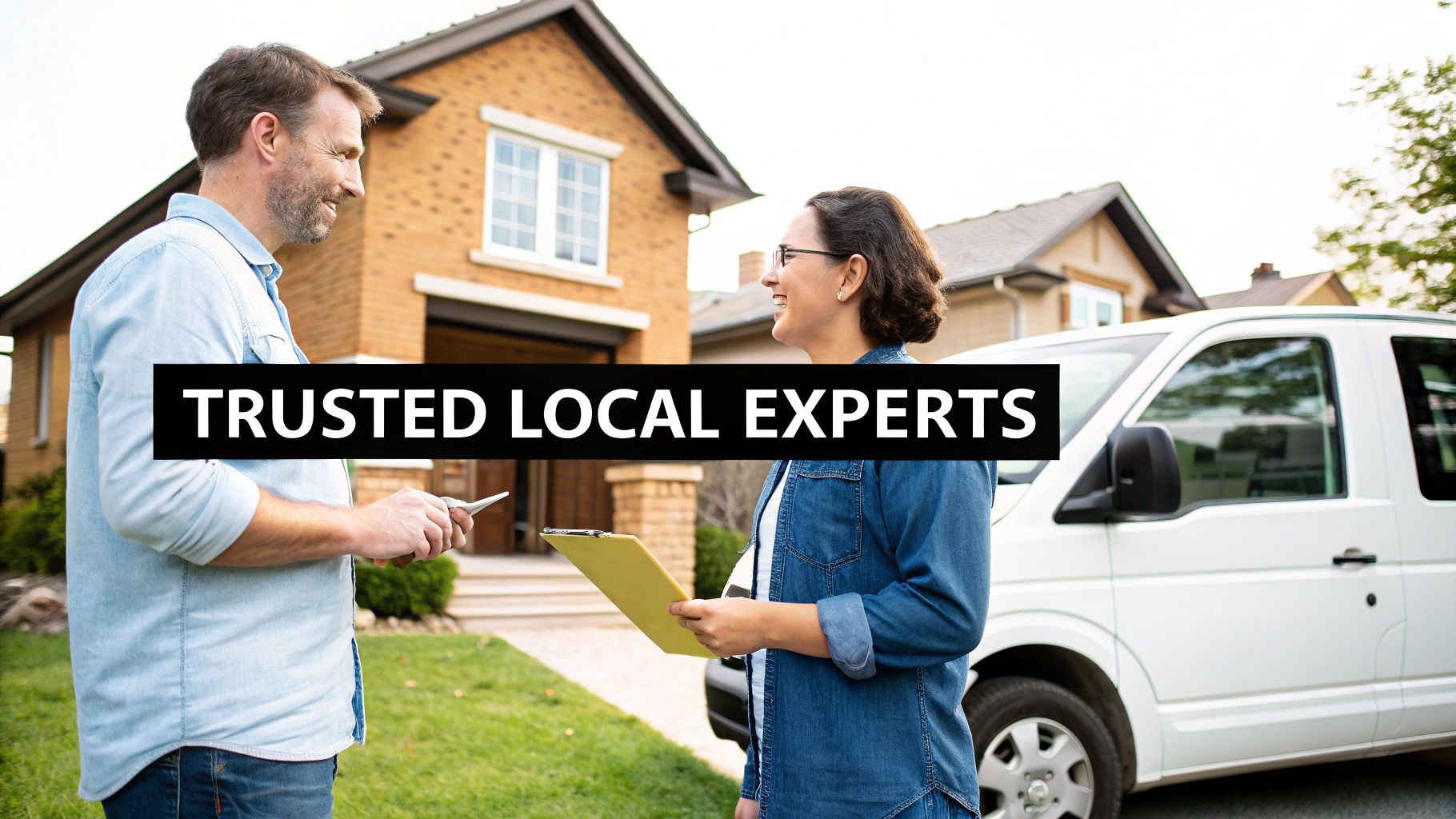 A professional male technician discusses service with a smiling female customer outside a house, with a service van nearby.