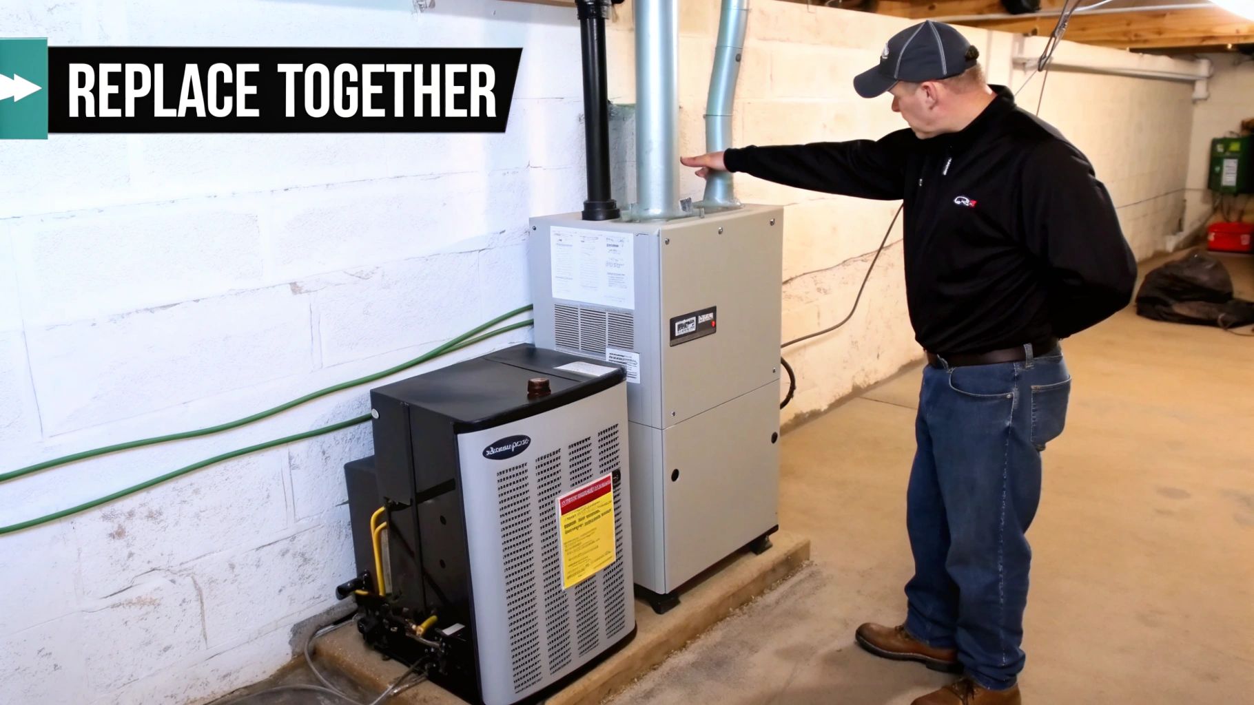 A technician pointing to a furnace and air conditioner in a basement, suggesting simultaneous replacement.