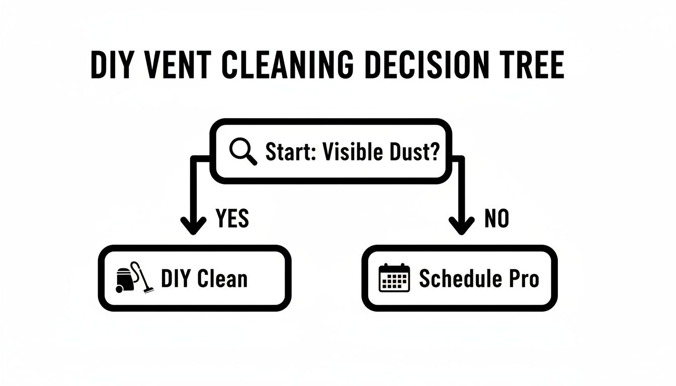 A decision tree flowchart for DIY vent cleaning: if visible dust is present, DIY clean; if not, schedule a professional.