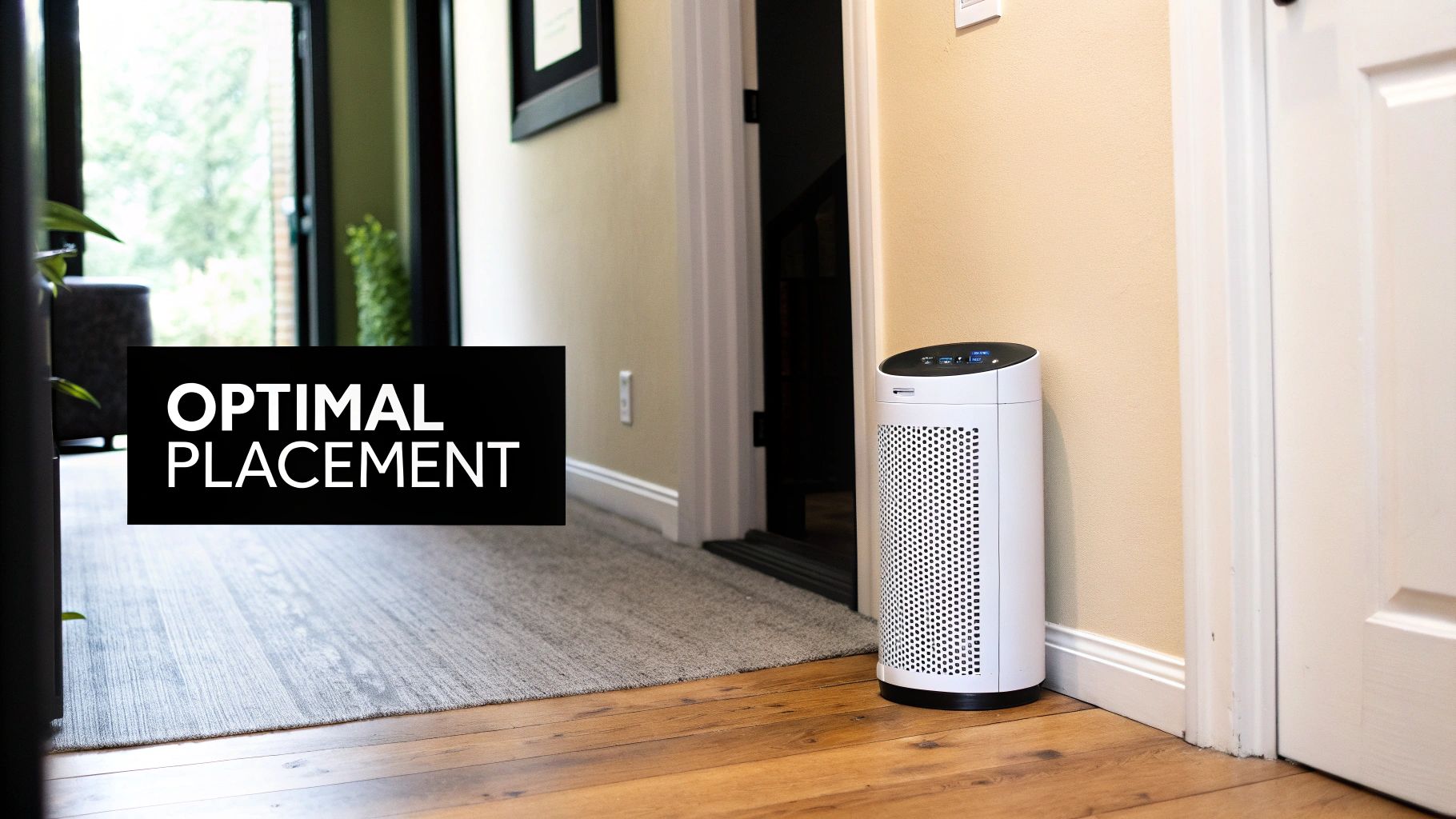 White air purifier demonstrating optimal placement in a home hallway, near a door and wall.