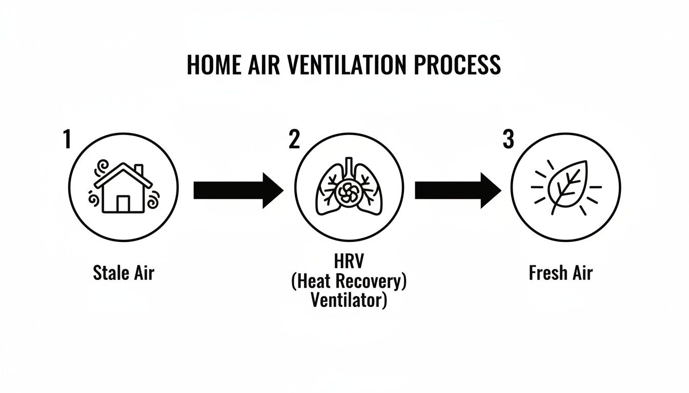 Diagram showing the home air ventilation process, from stale air to fresh air via an HRV.