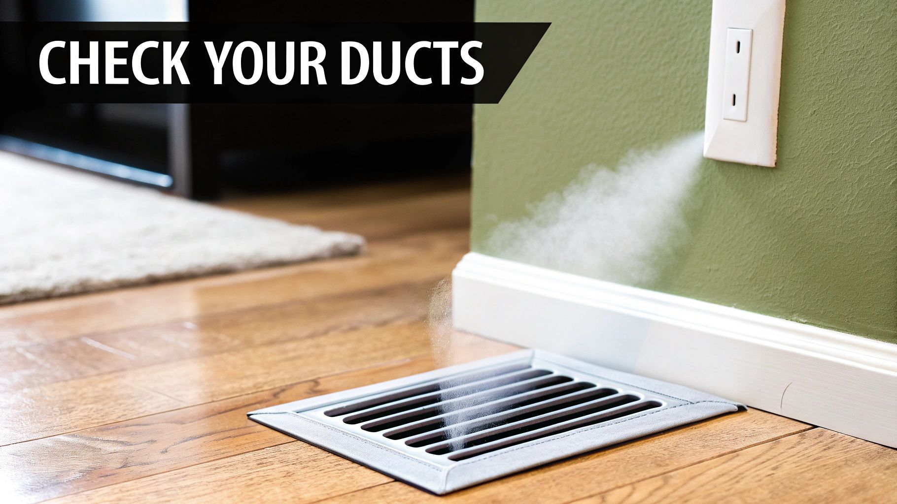 Dust or mist rising from a floor air vent and electrical outlet in a room with hardwood floors and green walls.