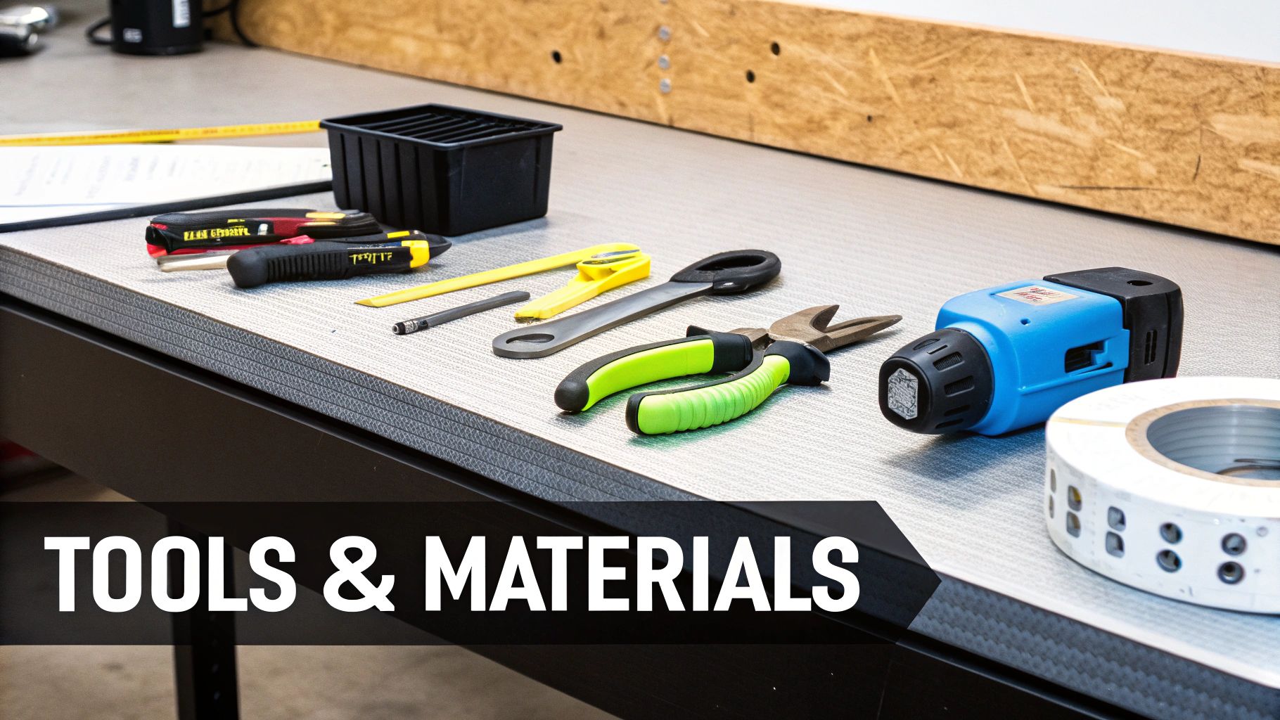 A collection of tools and materials for air duct installation laid out on a wooden surface, including duct tape, screws, and tin snips.