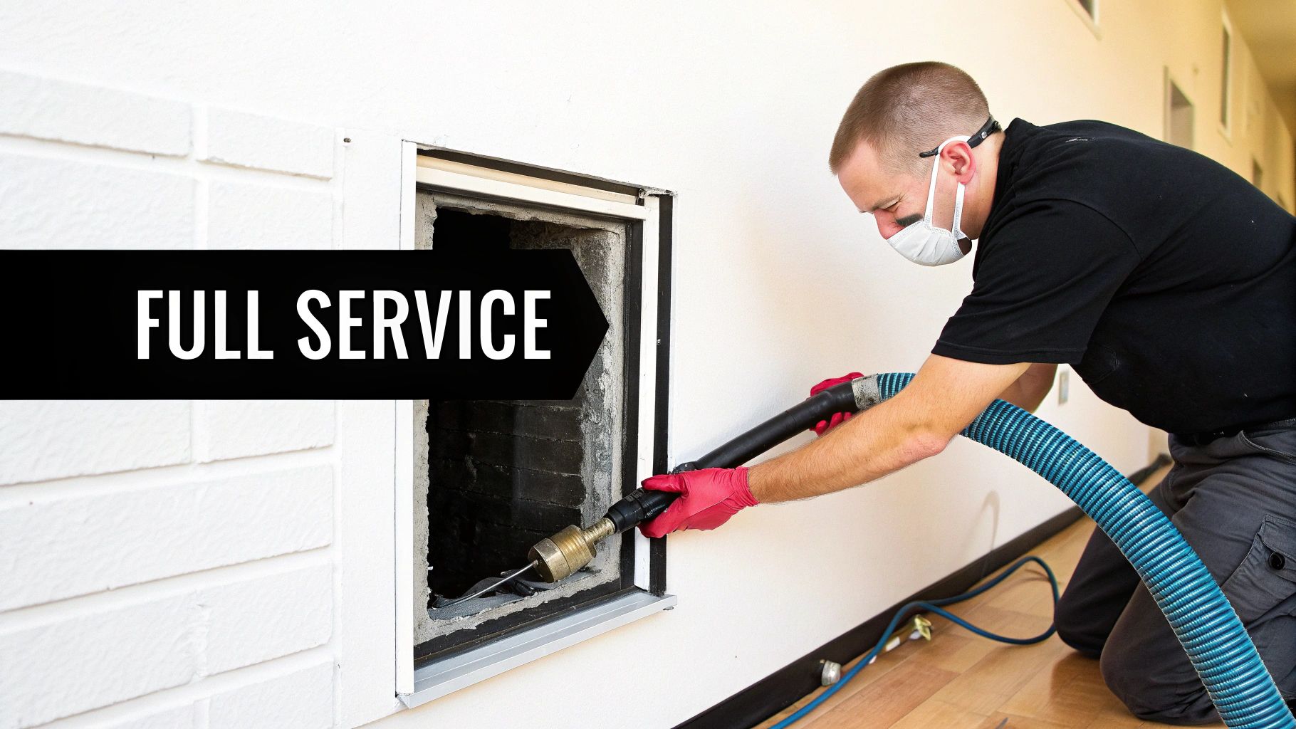 A man in a mask and gloves cleans an air duct or chimney with a vacuum hose, full service.