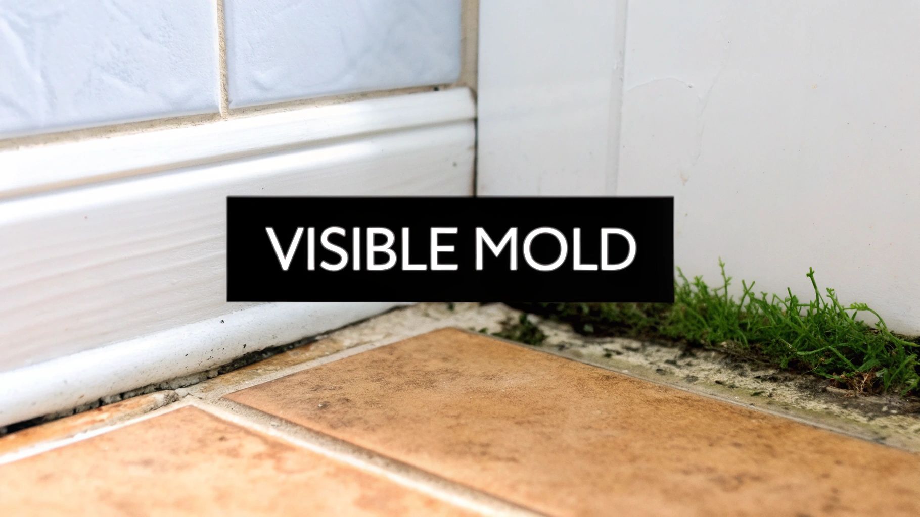 8 Unmistakable Signs of Mold in House You Can't Ignore in 2025 1 Close-up of visible mold and green growth in a house corner, along the baseboard and floor tiles.
