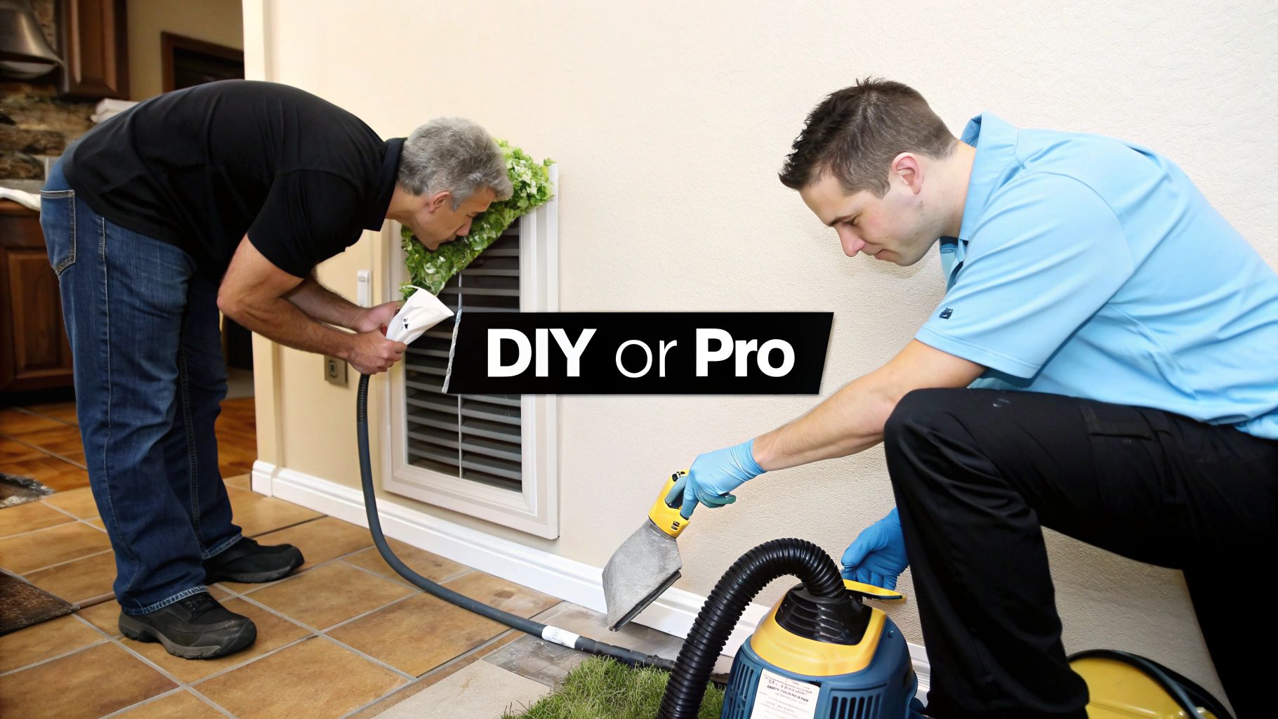 A professional technician using a specialized tool to clean a dryer vent.
