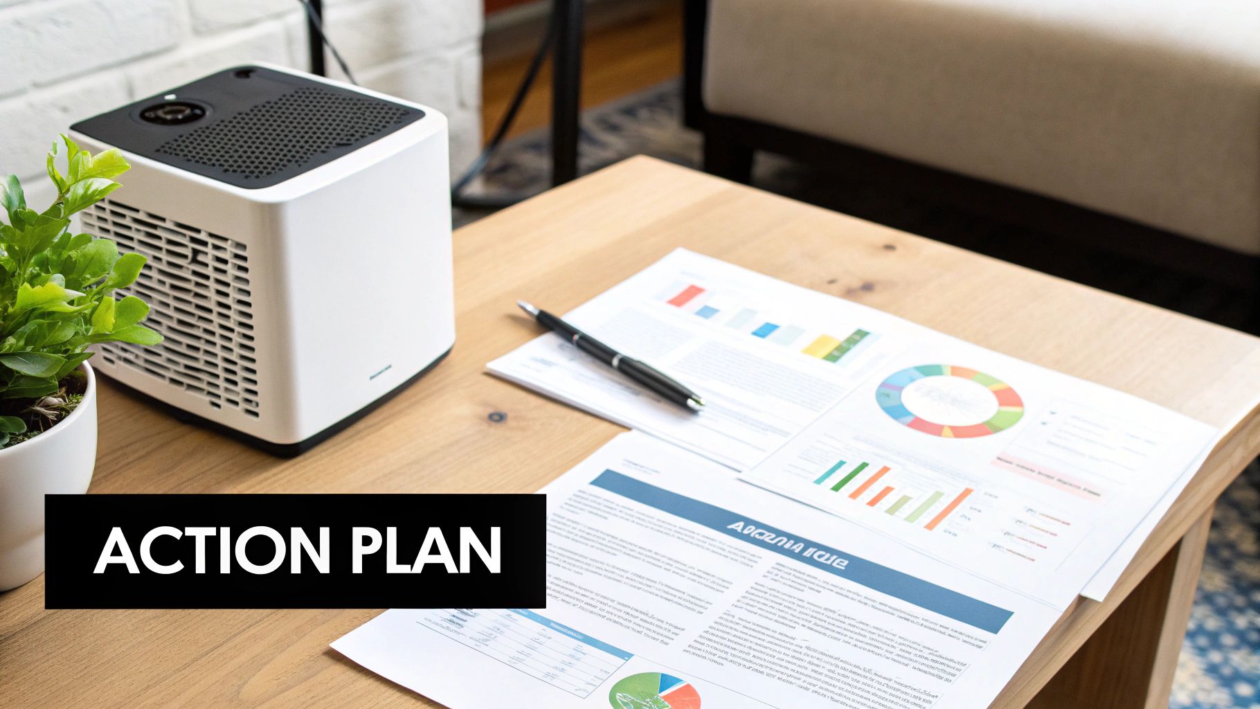 An action plan being written on a clipboard next to a report on indoor air quality.