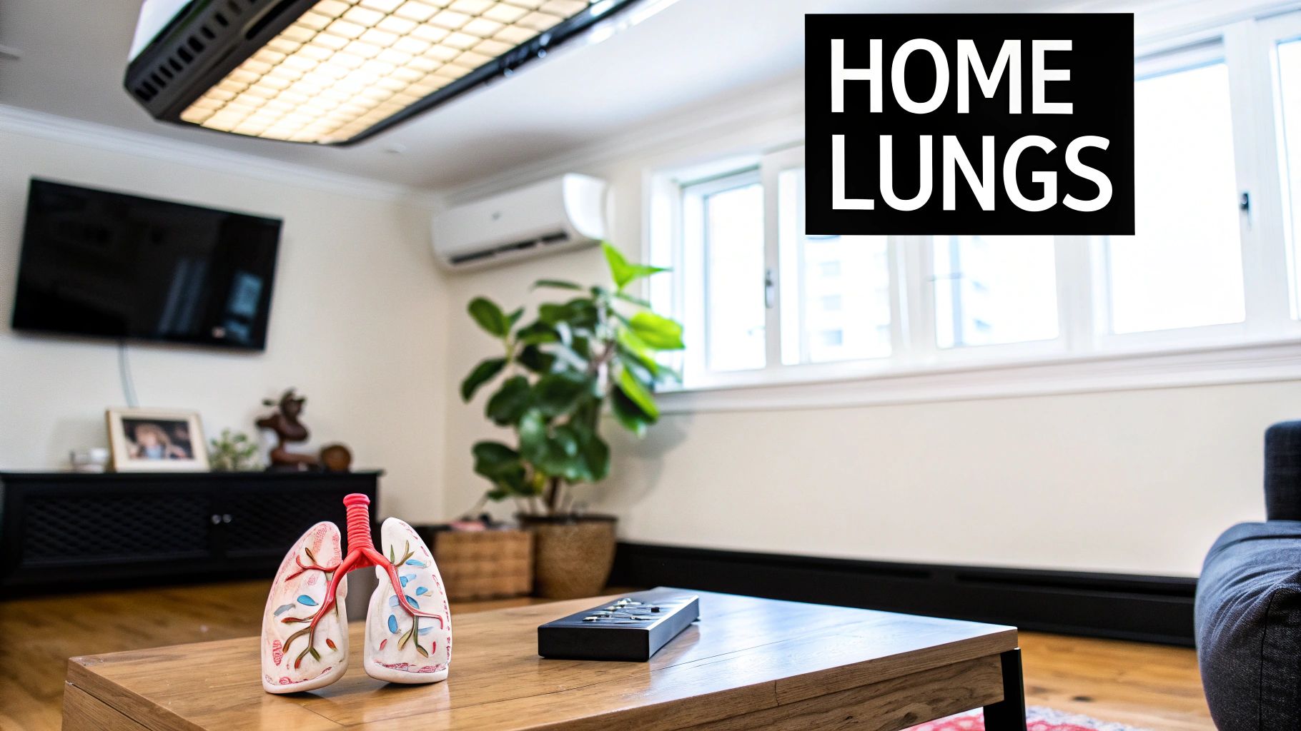 A cozy living room with a human lung model on a coffee table and 'HOME LUGS' overlay.