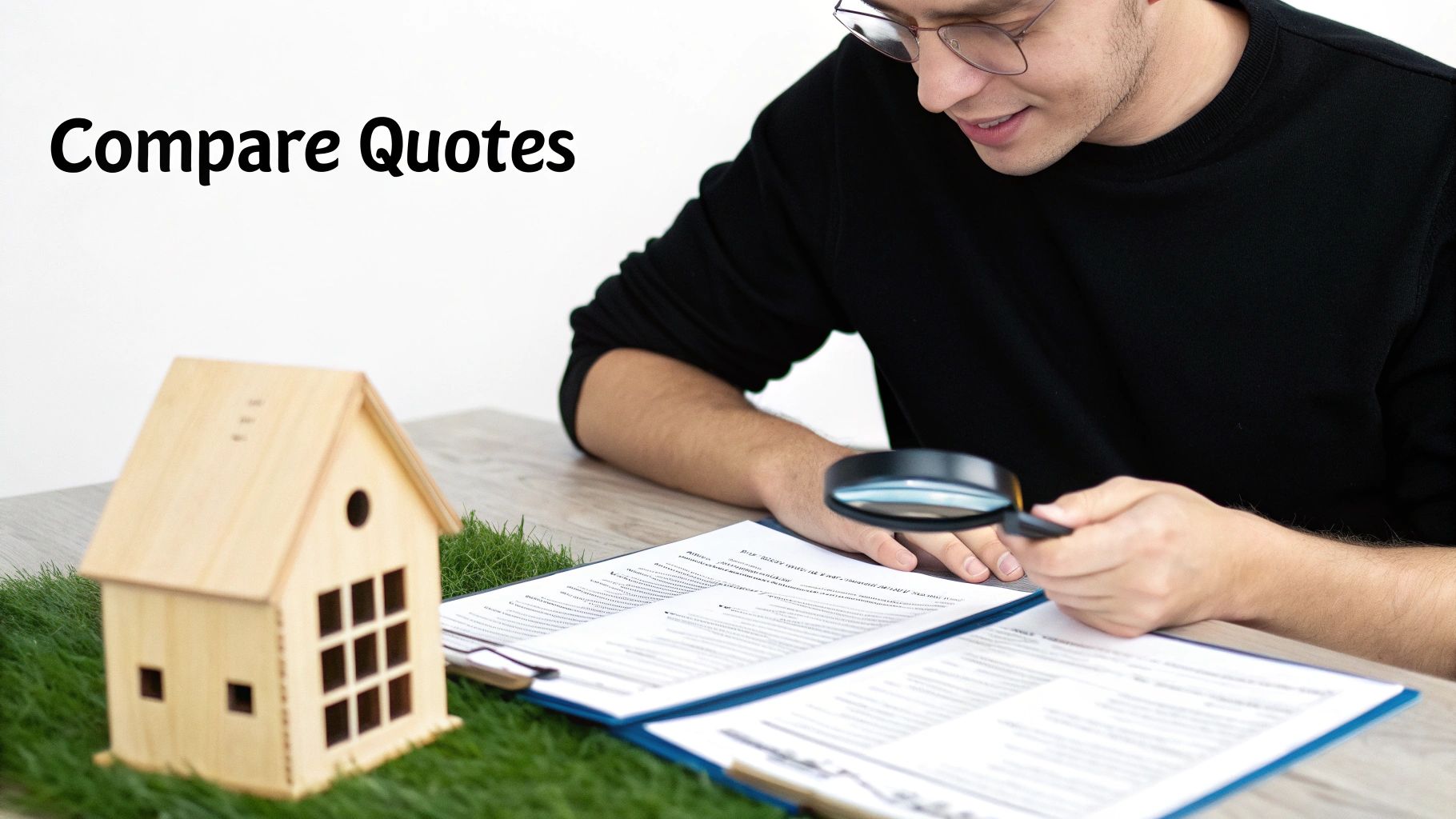 A man uses a magnifying glass to review documents, with a miniature house and text "Compare Quotes" visible.