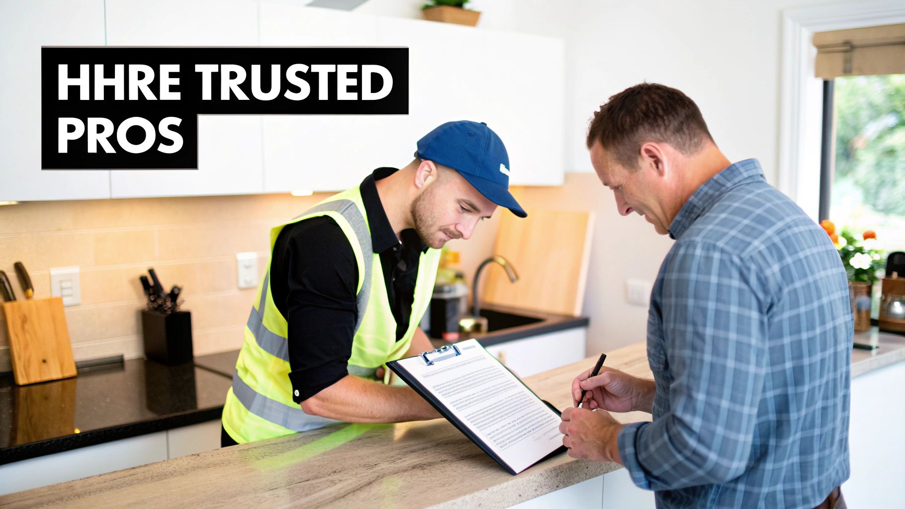 Professional contractor and homeowner reviewing service agreement document in modern kitchen