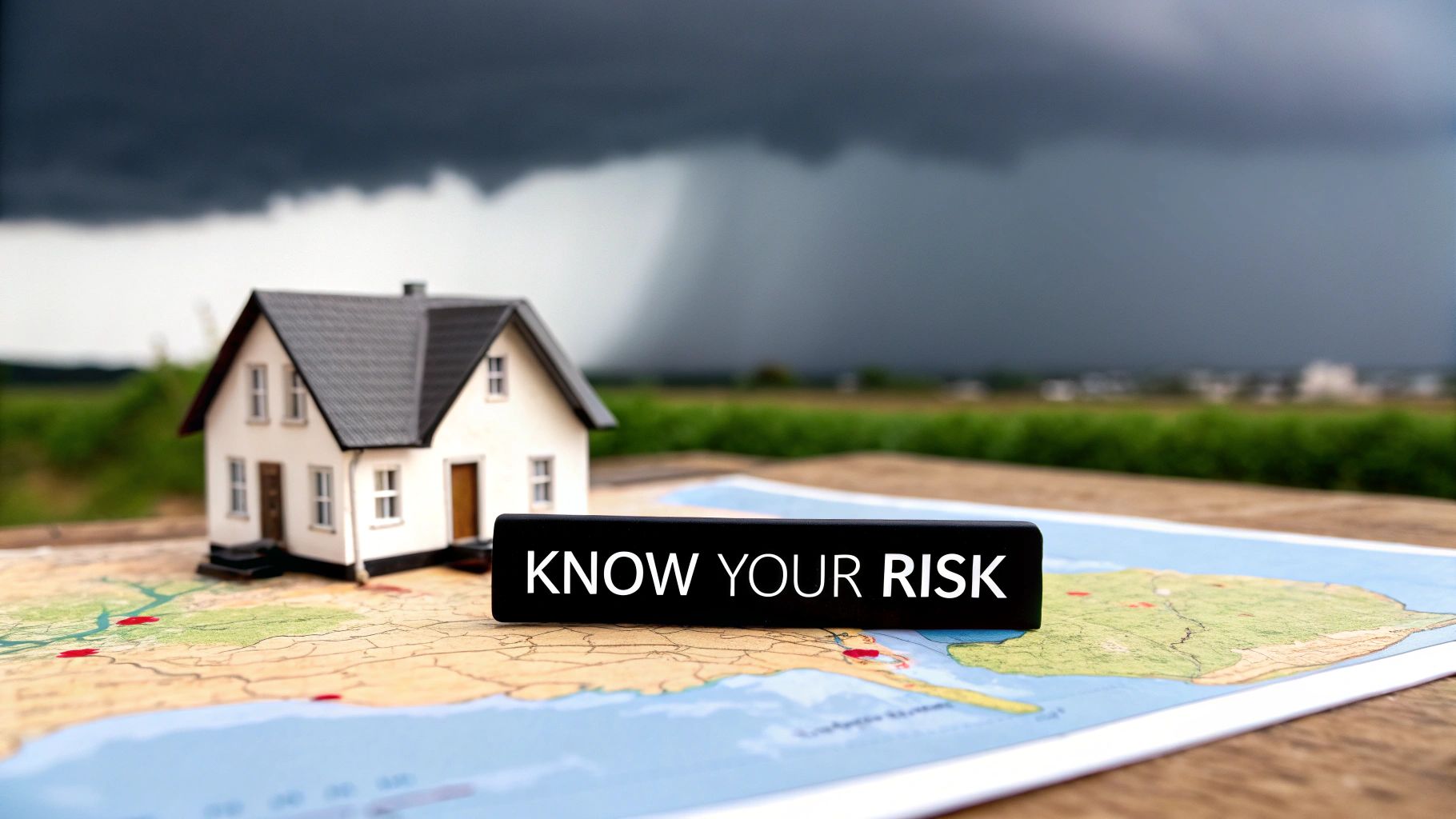 A miniature house on a map with a 'KNOW YOUR RISK' sign, under a dark, stormy sky.