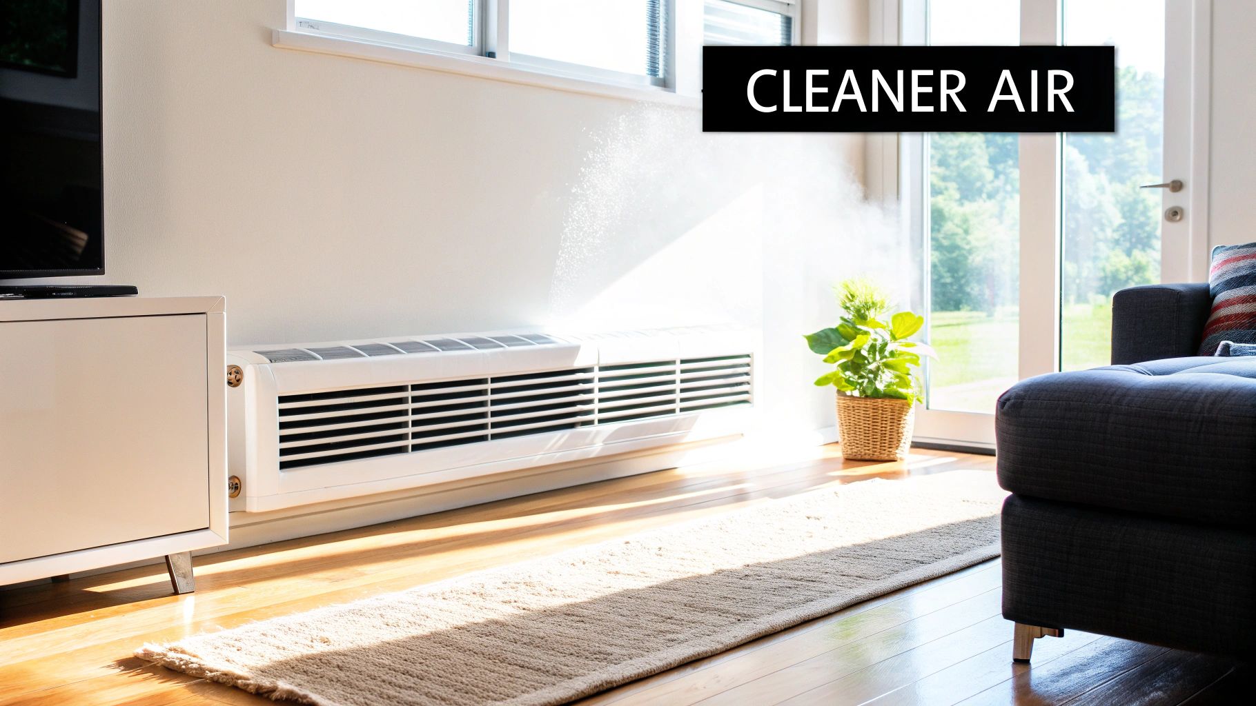 A bright indoor room with a white air purifier emitting mist, a plant, and a 'CLEANER AIR' sign.