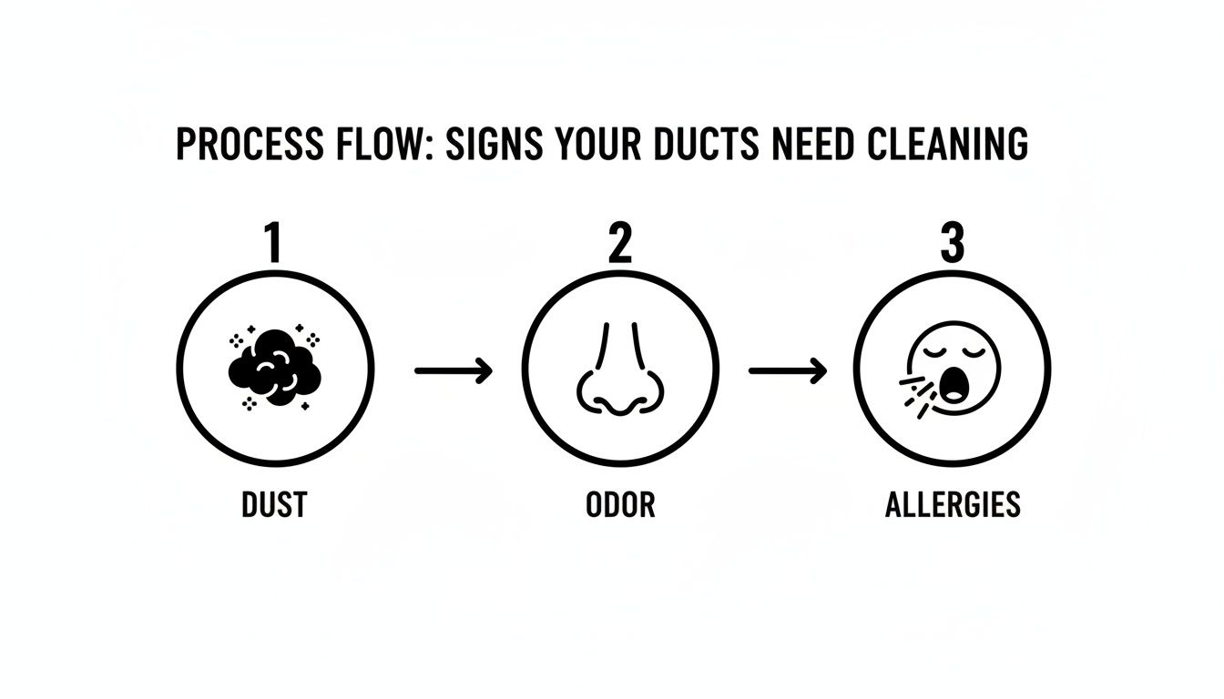 Process flow diagram illustrating signs your air ducts need cleaning: dust, odor, and allergies.