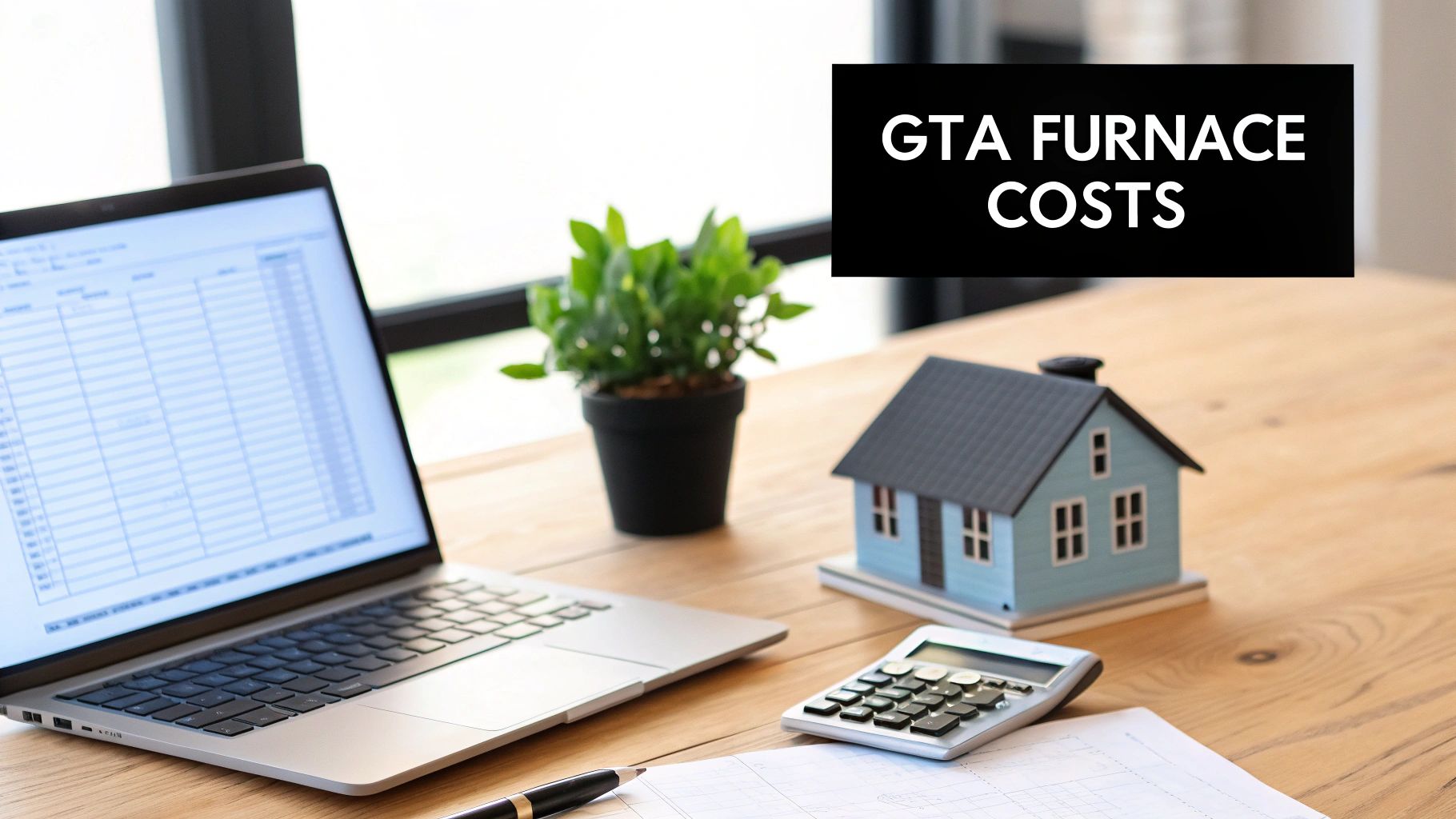 A laptop, miniature house, calculator, and plant on a desk, with text 'GTA FURNACE COSTS'.