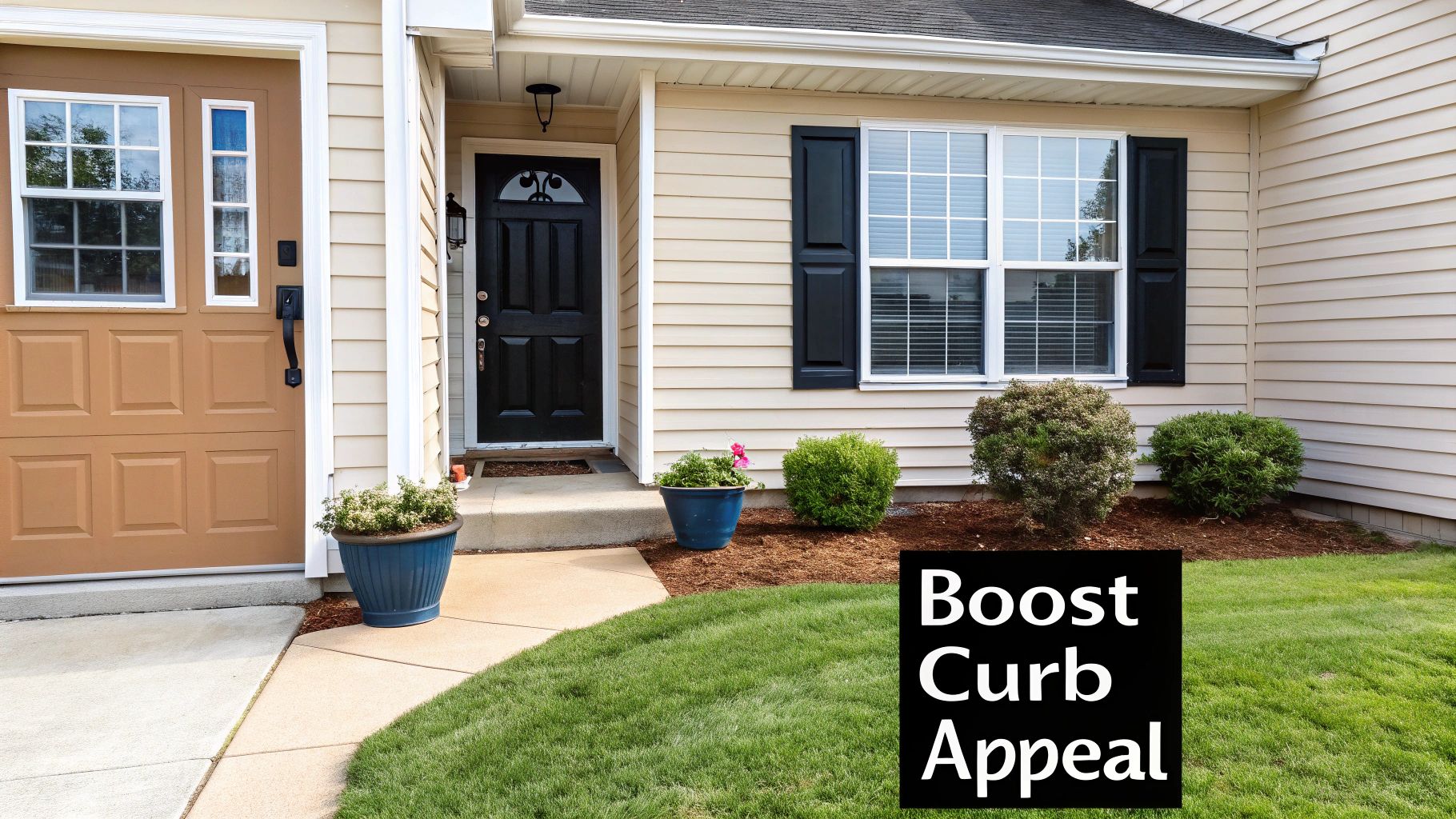 Front exterior of a house with tan siding, brown garage, and black door, enhanced by landscaping for curb appeal.