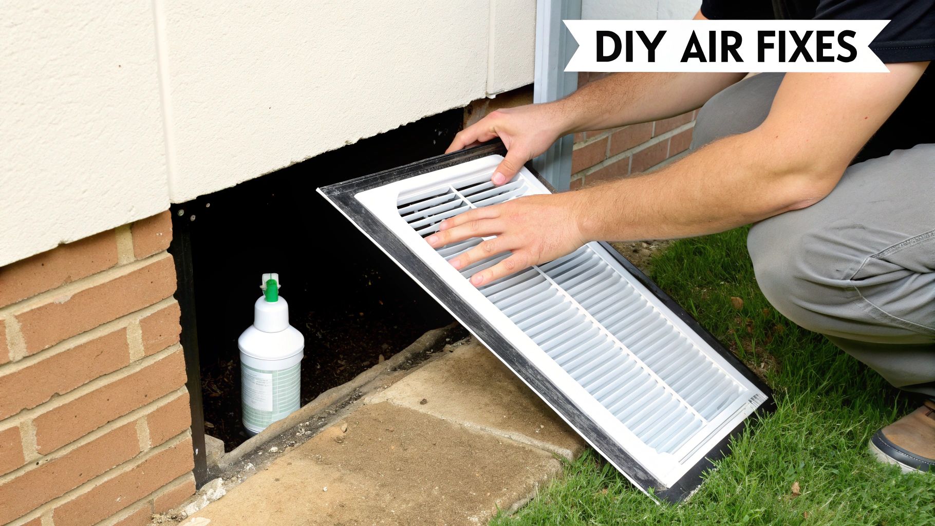 A person's hands remove a white air vent cover from a building's foundation, with a spray bottle nearby.