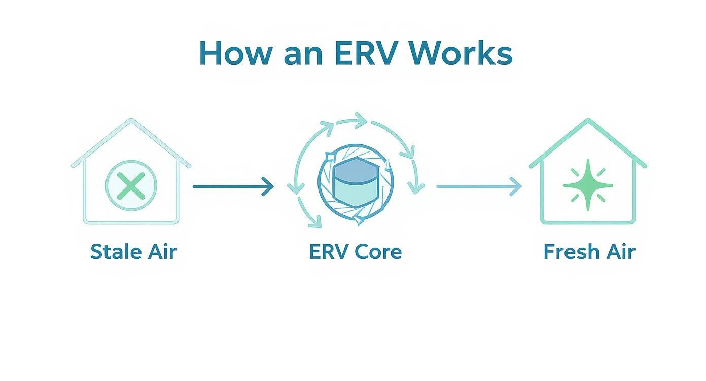 Diagram showing how an Energy Recovery Ventilator (ERV) turns stale air into fresh air.