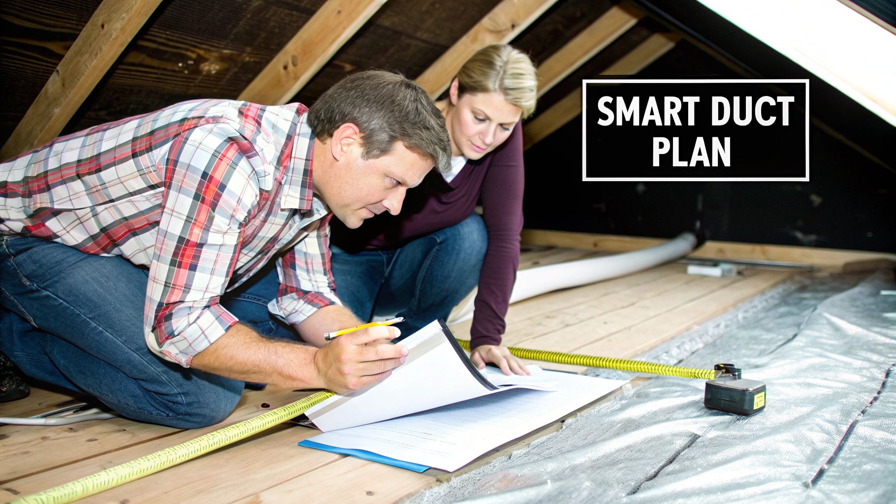 A man and woman review renovation plans in an attic, surrounded by insulation and tools.