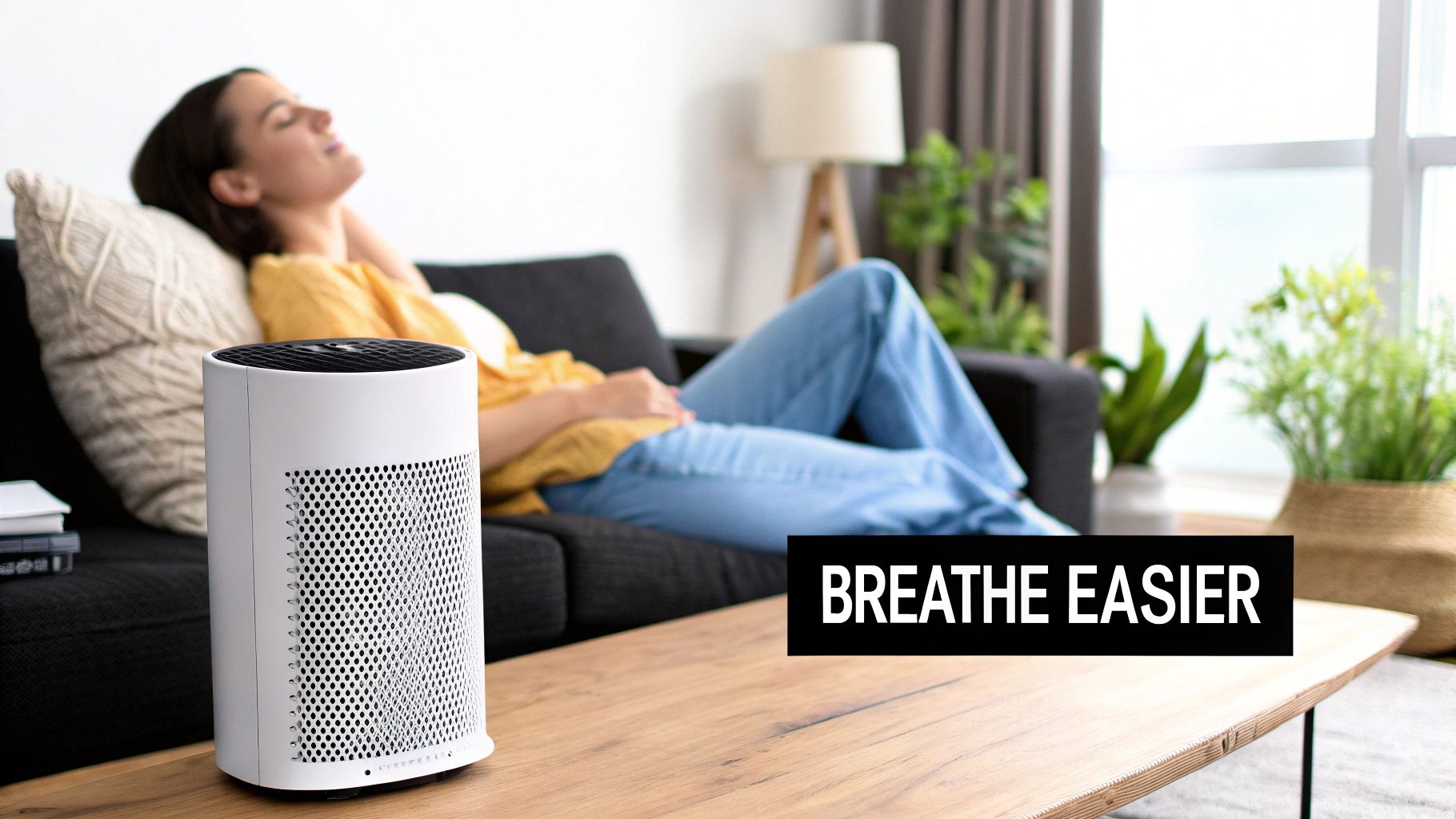 A woman relaxes on a couch with her eyes closed, an air purifier on a wooden coffee table.