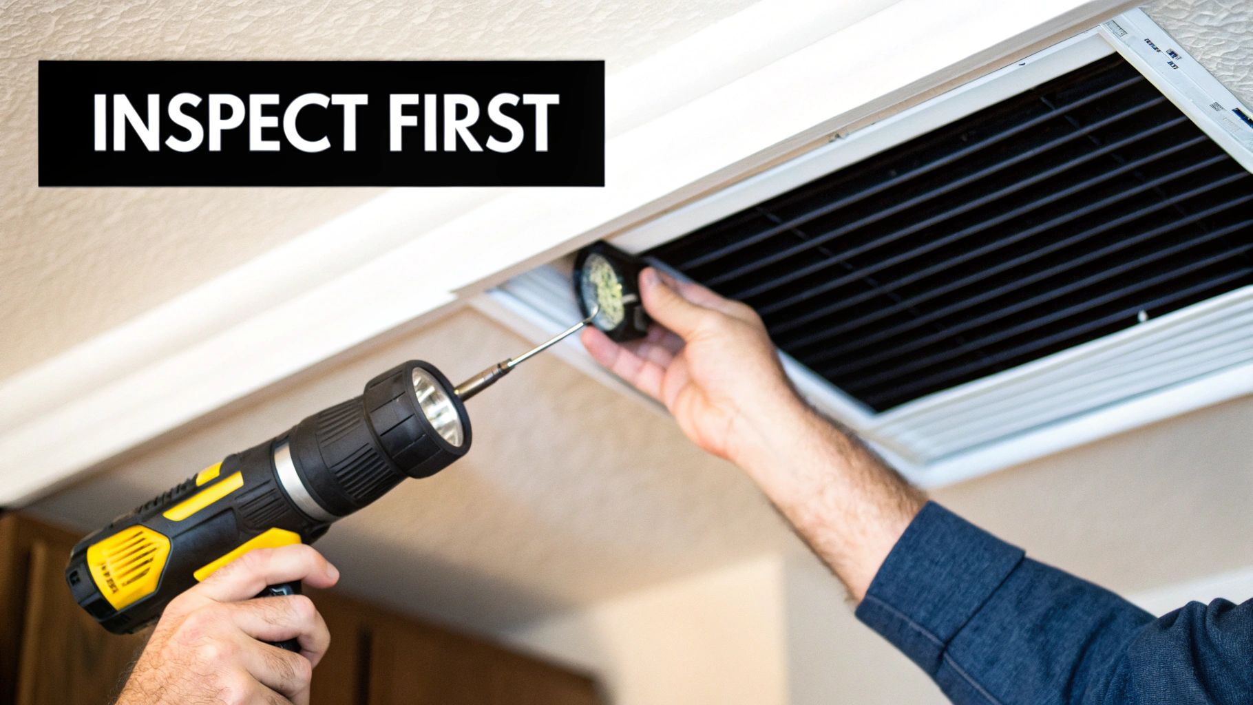 A person uses a flashlight and specialized tool to inspect an air duct in a ceiling.