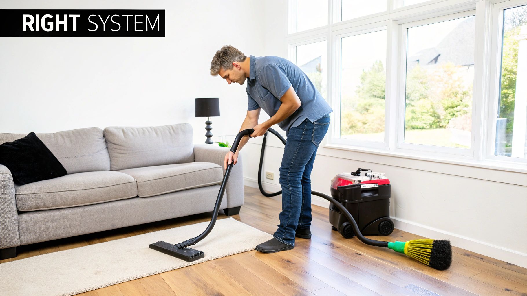 A man in jeans and a blue shirt vacuuming a light-colored rug in a modern living room.