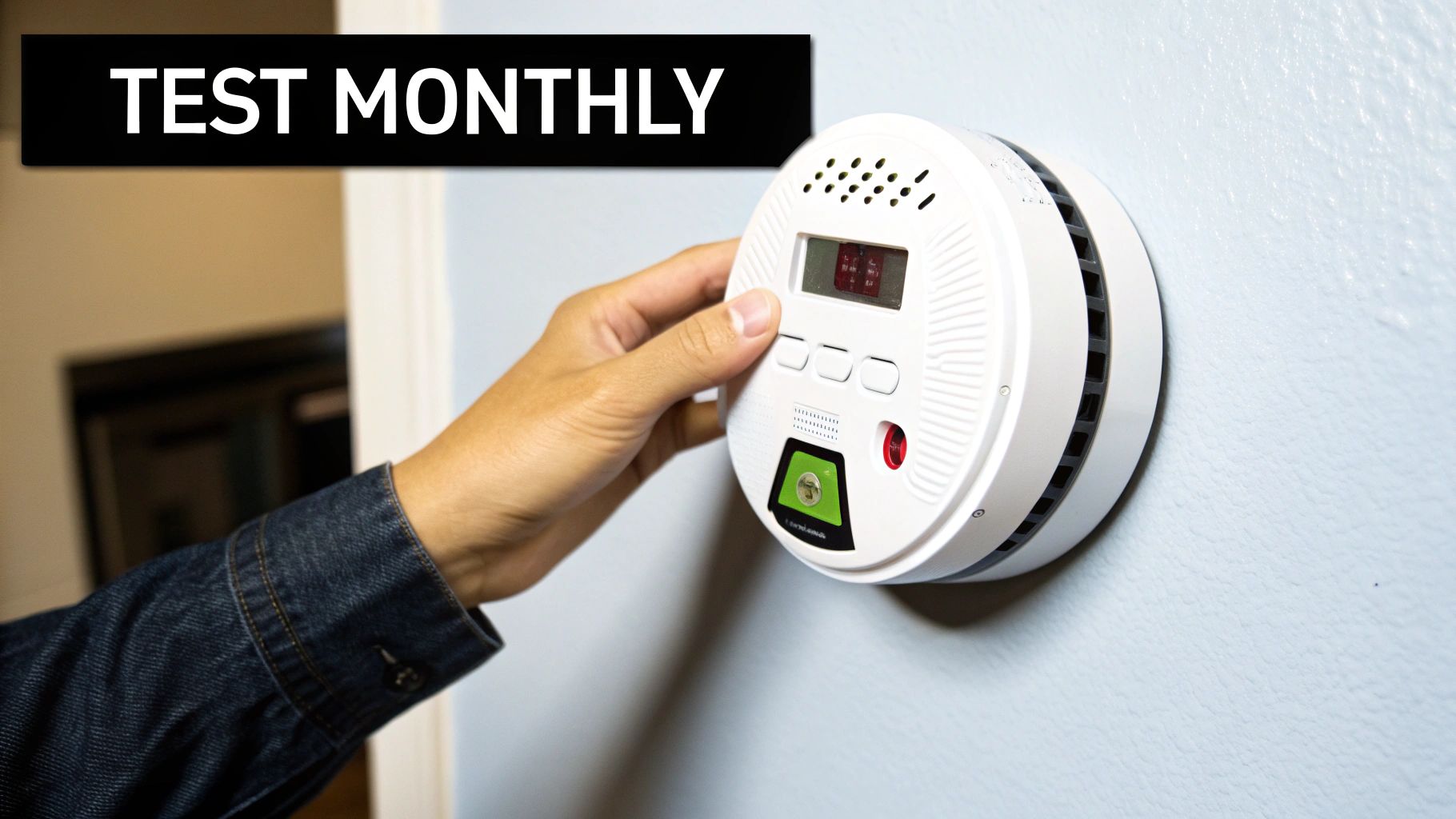 A person's hand pressing a white carbon monoxide detector on a wall, with 'TEST MONTHLY' text.