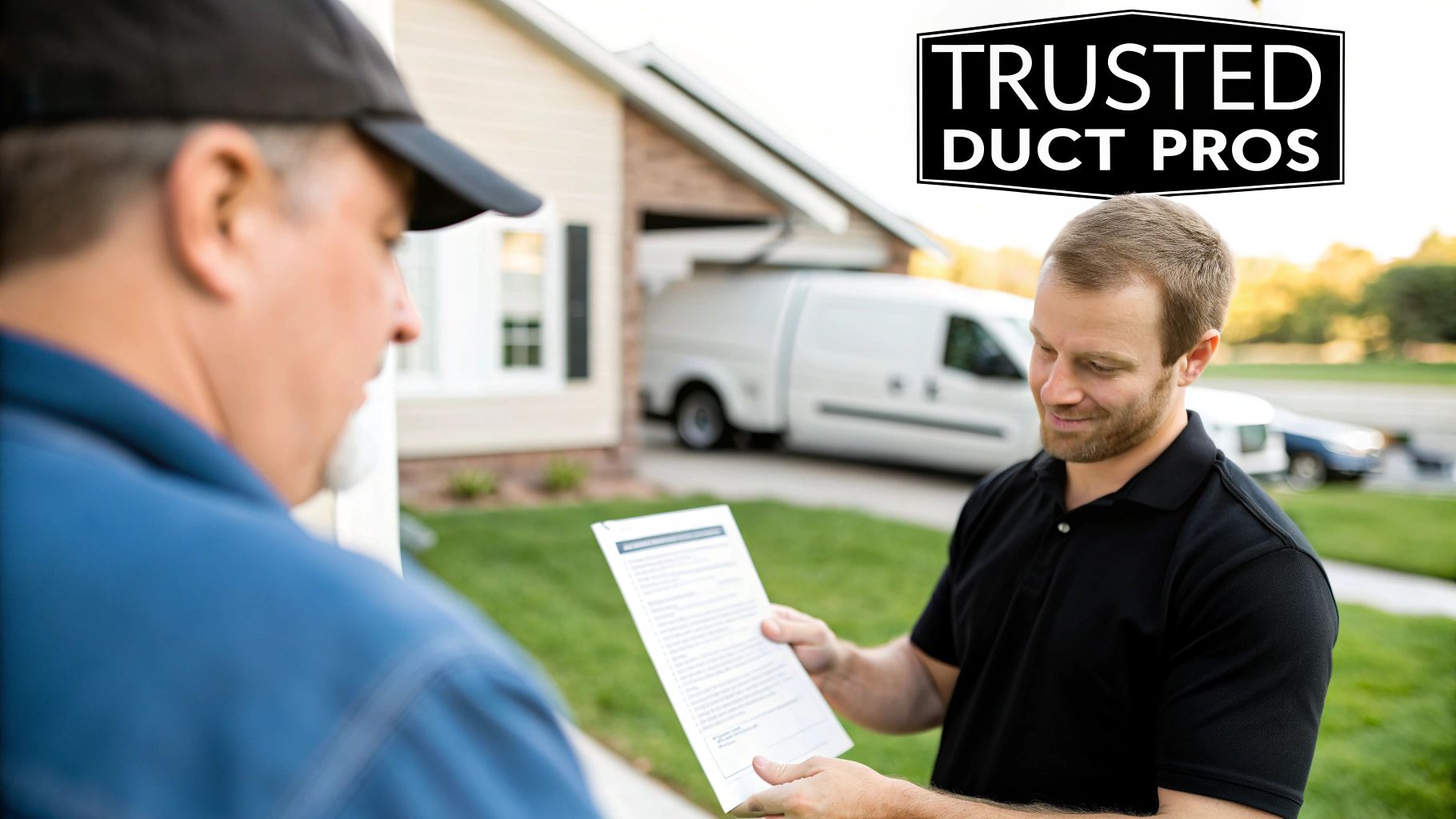 Cleaning Furnace Ducts: Your Guide to a Healthier Canadian Home 4 A smiling duct cleaning technician shows a document to a homeowner outside a house, with a service van behind them.