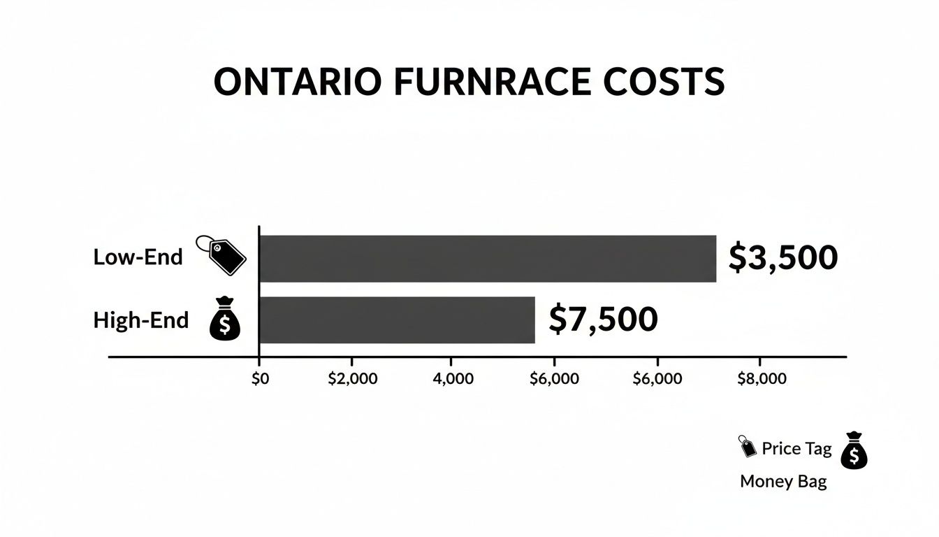 The Real Furnace Cost Ontario Homeowners Should Expect 1 Bar chart illustrating Ontario furnace costs, showing low-end at $3,500 and high-end at $7,500.