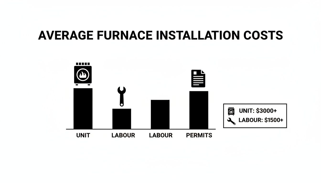 Bar chart illustrating average furnace installation costs, showing breakdown for unit, labor, and permits, with price ranges.