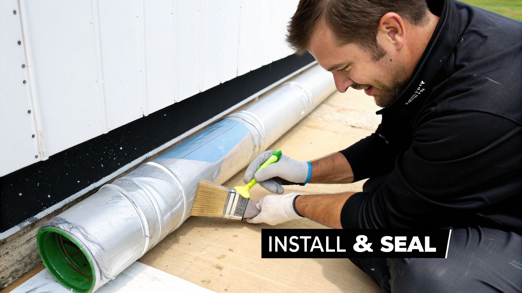 A technician sealing the joints of newly installed air ducts with mastic sealant in an attic.