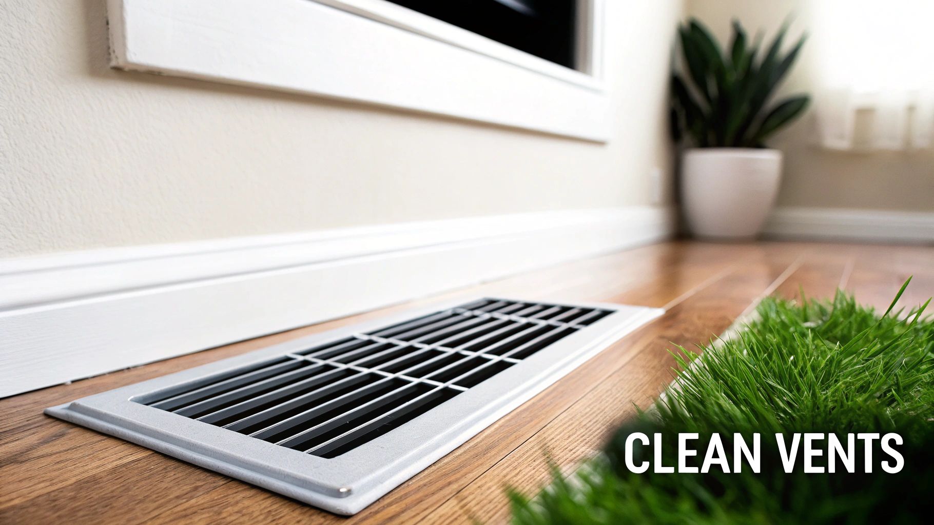A close-up of a sparkling clean silver floor vent on a polished hardwood floor in a home.
